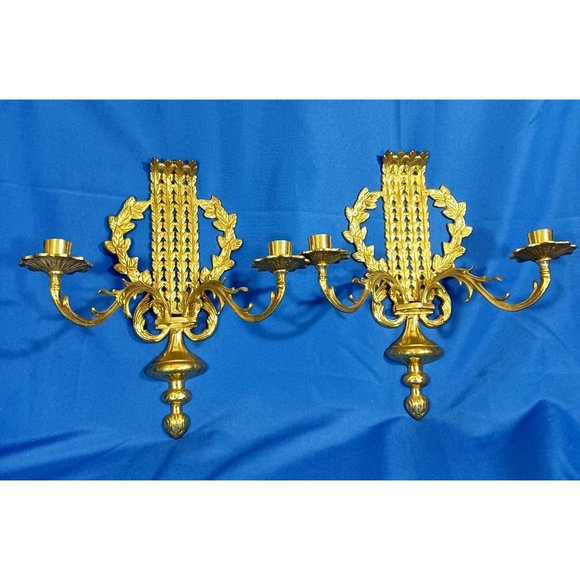 Vtg Gold Brass Wall Sconces 2 Arm Candelabra Mid Century Laurel Acanthus Leaves - Picture 2 of 9